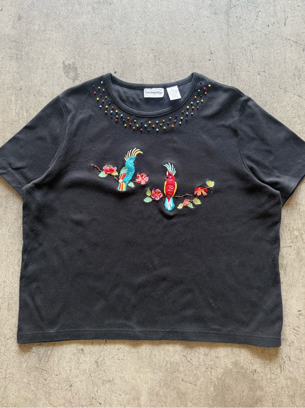 breckenbridge - Embroidered Parrot Tee - Black with Colorful Bird Motif - XL